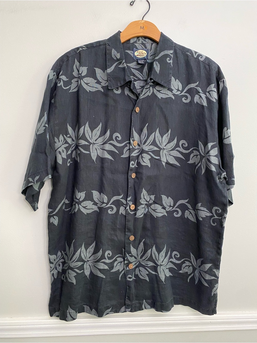 Vintage Tommy Bahama Linen Hawaiian Shirt Black Floral - L
